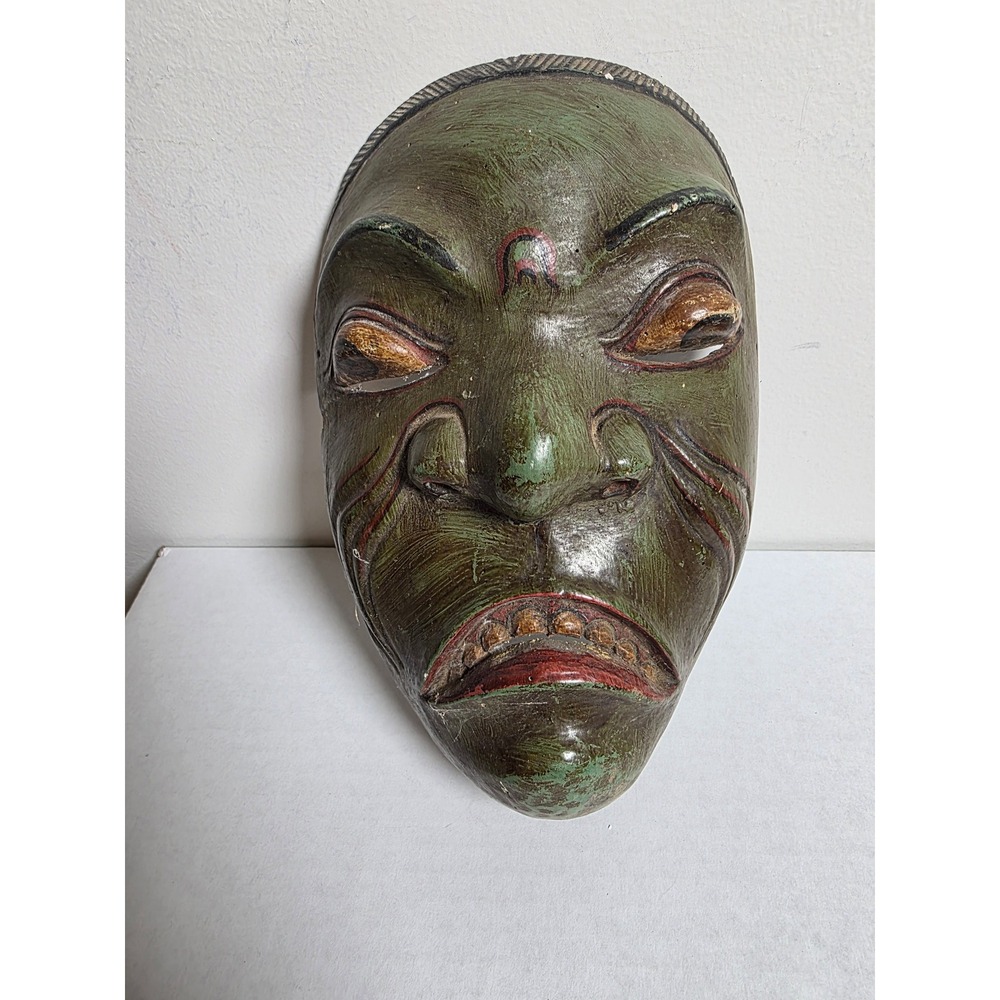 Vintage Hand Carved Wooden Mask Green Painted Folk Art Wall Decor Grimace Face